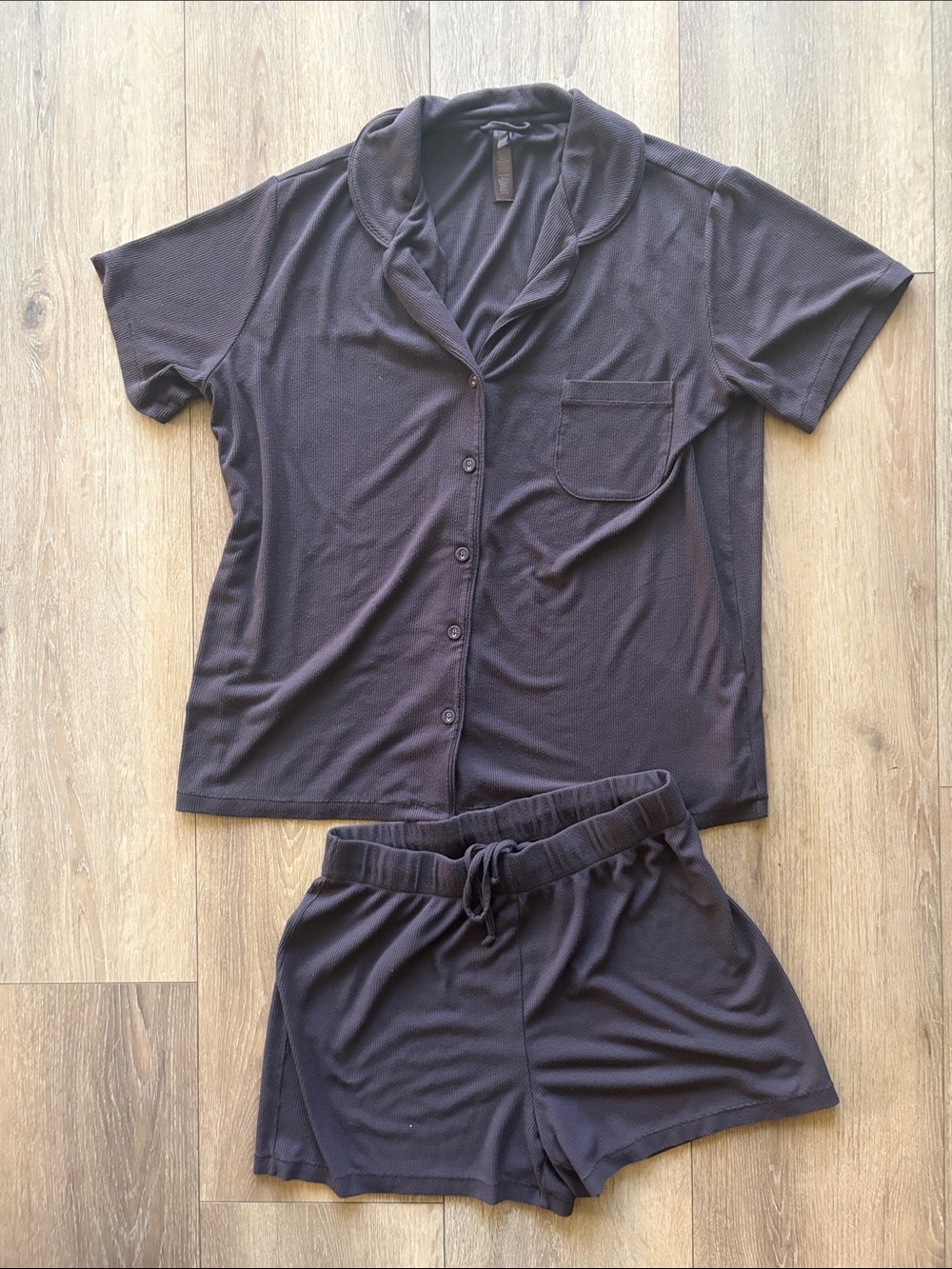 SKIMS Short-Sleeve Button Pajama Set in Brown